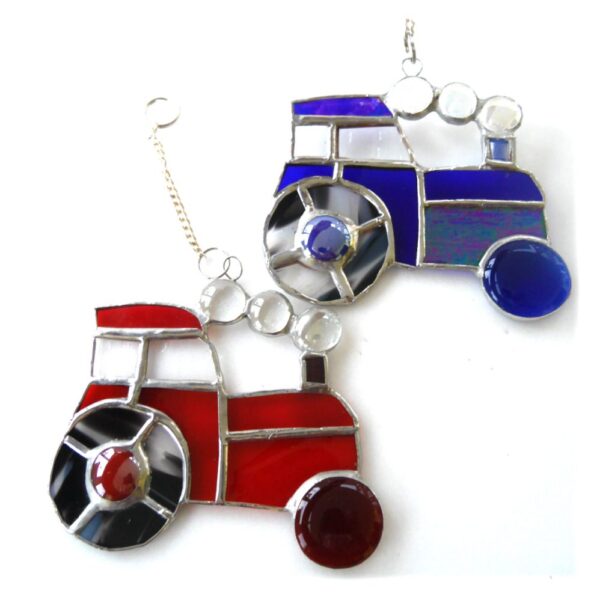 Stained glass tractor suncatcher handmade red bluem
