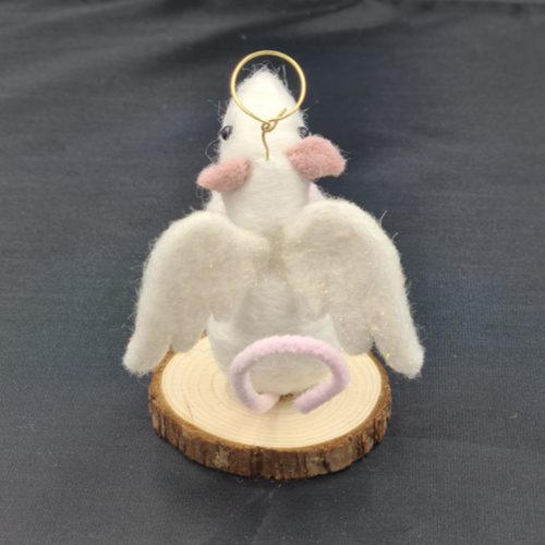 back view of White needle felted Angel mouse