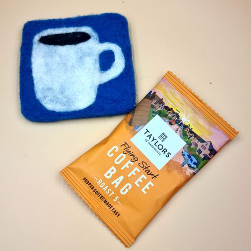 needle felted coaster with coffee bag