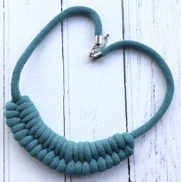 Macrame necklace in teal recycled cotton cord