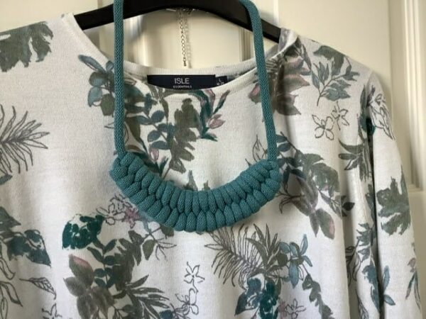 Teal macrame necklace in recycled cotton cord.