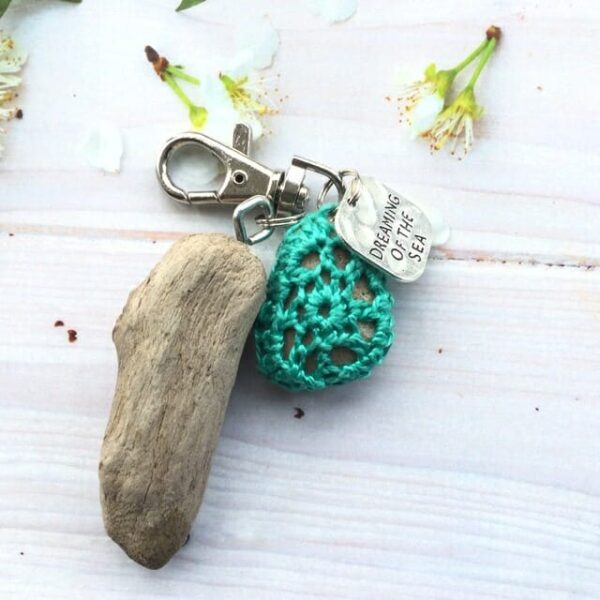 Driftwood and covered pebble bag charm