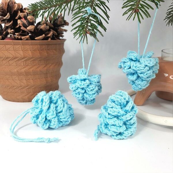 Blue crochet pine cone fir tree decorations
