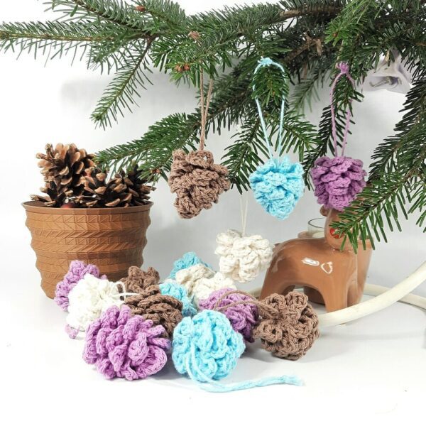 Crochet pine cone fir tree decorations