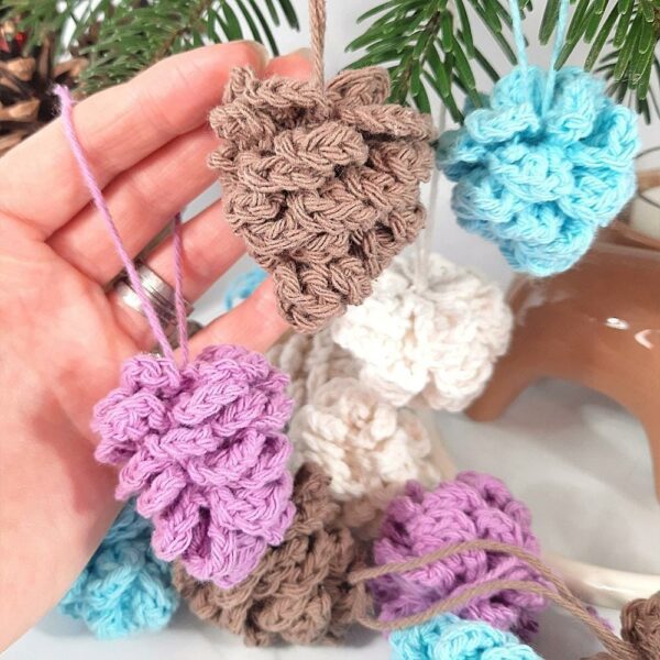 Crochet pine cone fir tree decorations