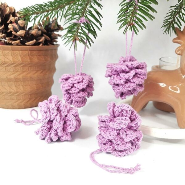 Purple crochet pine cone fir tree decorations
