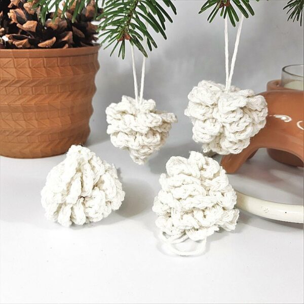 White crochet pine cone fir tree decorations