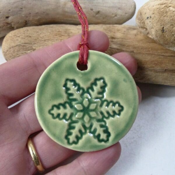Green Ceramic Stoneware Snowflake Christmas Decoration