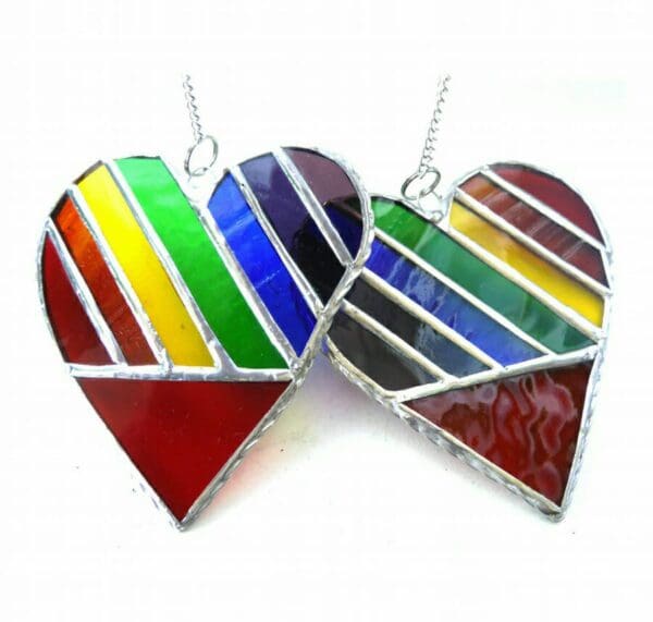 Rainbow Heart Stained Glass Suncatcher Diagonal Stripes