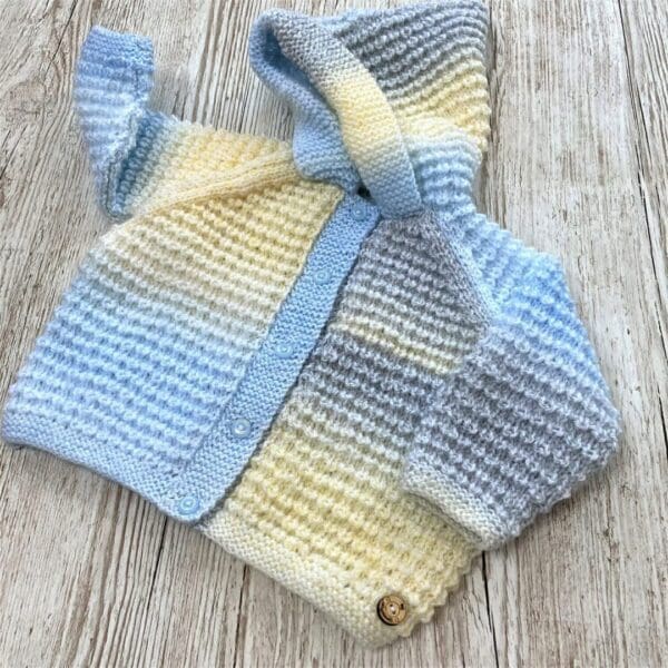 Blue shaded pastel hooded baby jacket to fit 6 - 12 months (boy's button fastening - Image 4