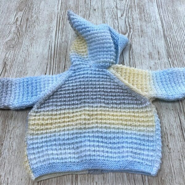 Blue shaded pastel hooded baby jacket to fit 6 - 12 months (boy's button fastening - Image 3