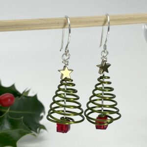 green spiral wire christmas tree earrings with gold plated stars and choice of coloured bead for pot