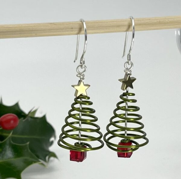 green spiral wire christmas tree earrings with gold plated stars and choice of coloured bead for pot