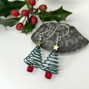 Spruce green coloured spiral wire christmas tree earrings with gold plated star and choice of beads colour for pot