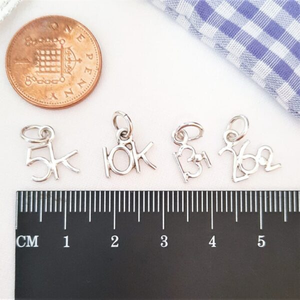 Silver running race charms, 5K, 10K, 13.1, 26.2.