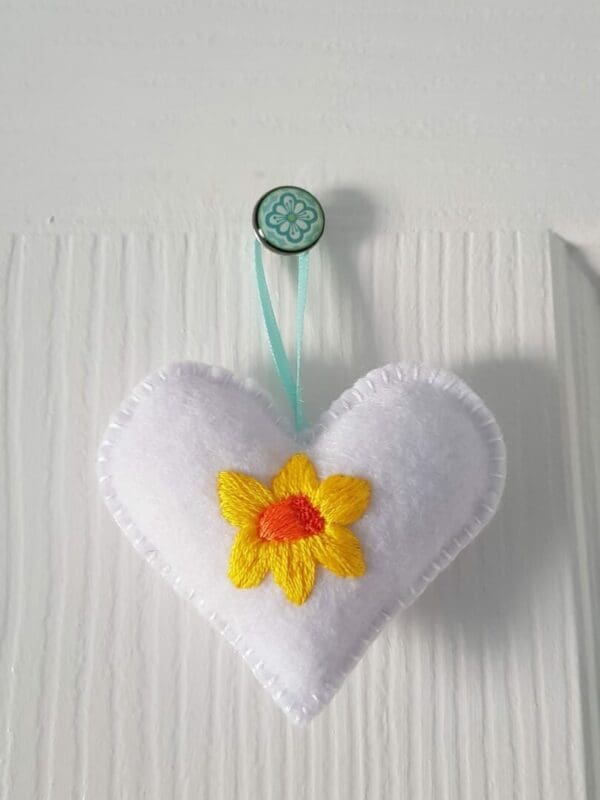 Handmade felt heart decoration with hand embroidered daffodil - Image 2