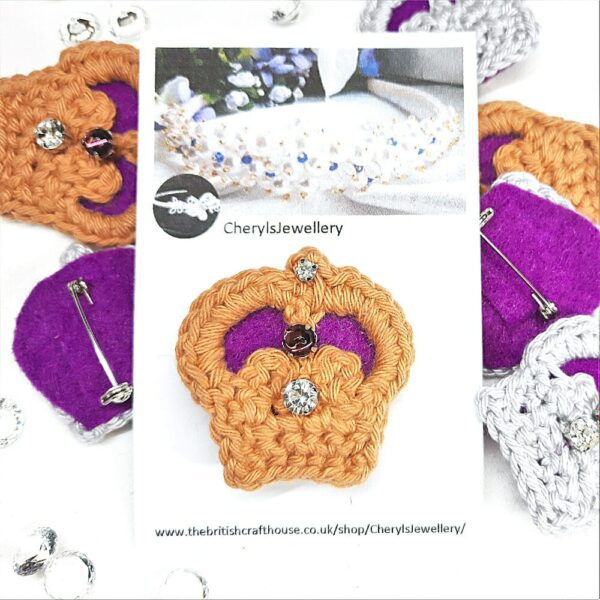 Crochet crown applique brooches