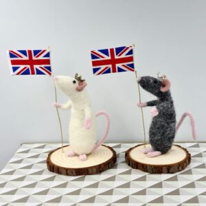 Needle felted mice holding a union flag