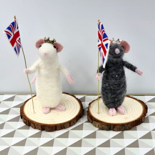 front view of Needle felted mice holding a union flag