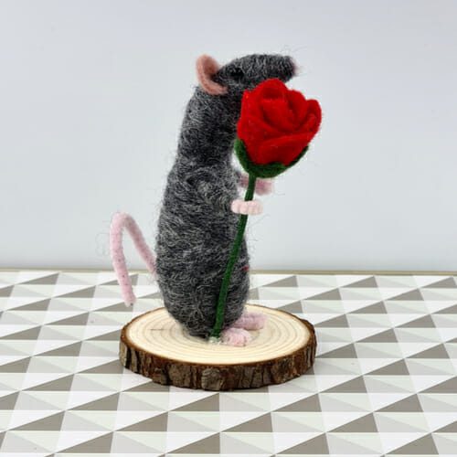 side view of grey needle felted mouse