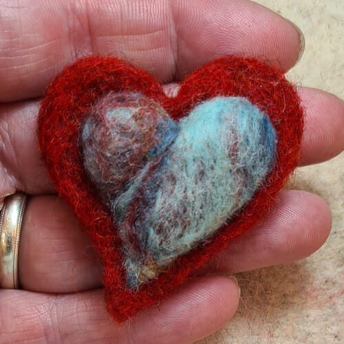 Red and aqua wool needle felted heart brooch