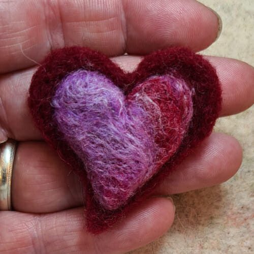 Cranberry and pink wool needle felted heart brooch