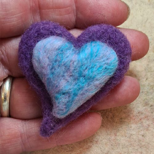Lilac and aqua wool needle felted heart brooch