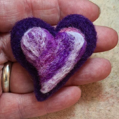 Purple and pink wool needle felted heart brooch