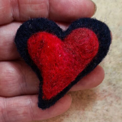 navy and red wool needle felted heart brooch