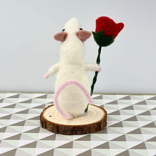 back view of grey needle felted mouse