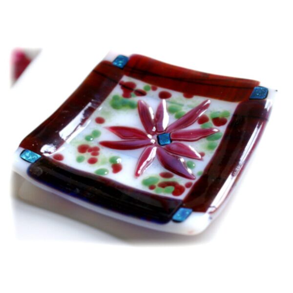 11cm fused glass dish plum coloured flower