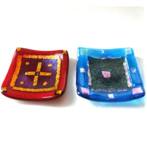 fused glass dishes turquoise or red dichroic