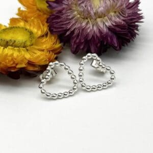 open heart stud earrings made of beaded bubble wire