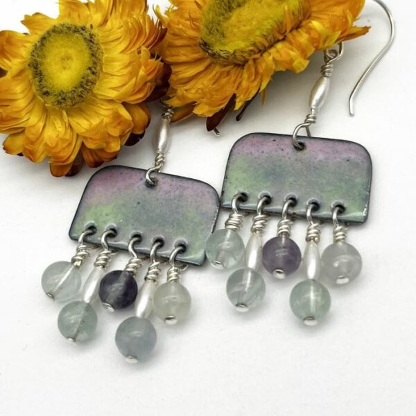 Large drop enamel earrings with drops of Real flourite and synthetic pearl beads from a silver ear wire