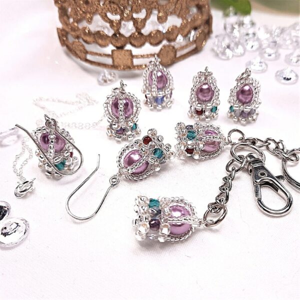 Small beaded silver coronation crown jewellery. Necklace, earrings, key rings and charms.