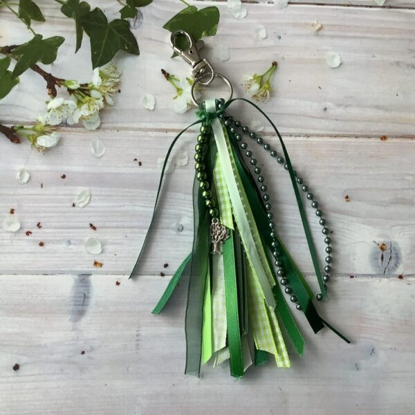 Green Tree of life ribbon bag, key tassel