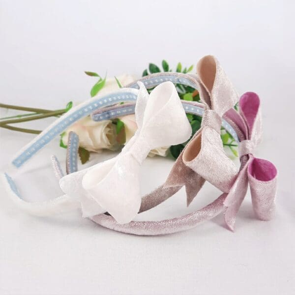 Velvet headbands with matching bow in pink, mink and white
