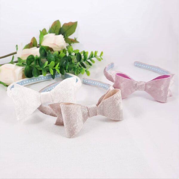 Velvet headbands with matching bow in pink, mink and white