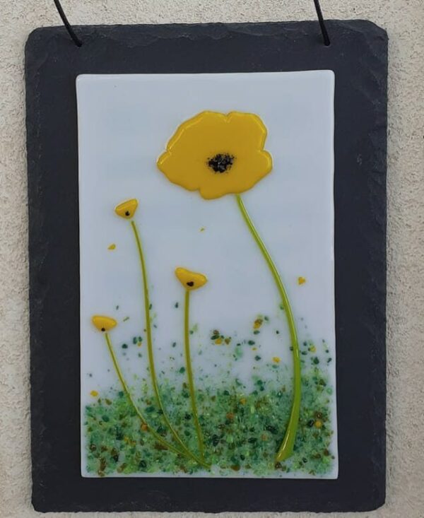 fused glass picture welsh yellow poppy mounted on slate