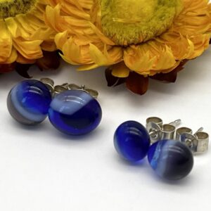 blue fused glass stud earrings in small and medium size on silver mounts