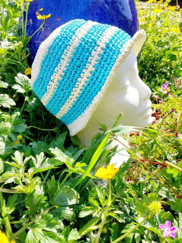 Blue and Cream stripe raffia bucket hat.
