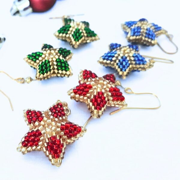Christmas star earrings in blue, red and green with gold.