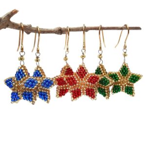 Christmas star earrings in blue, red and green with gold.