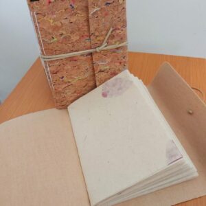 Rainbow Cork Fabric notebook with rose petal handmade paper inserts.