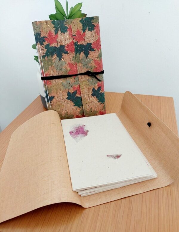 Autumn Leaves Cork Fabric Notebook Journal with Handmade rose petal Lokta Paper.