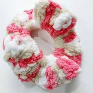 Soft coral chenille hair scrunchie.