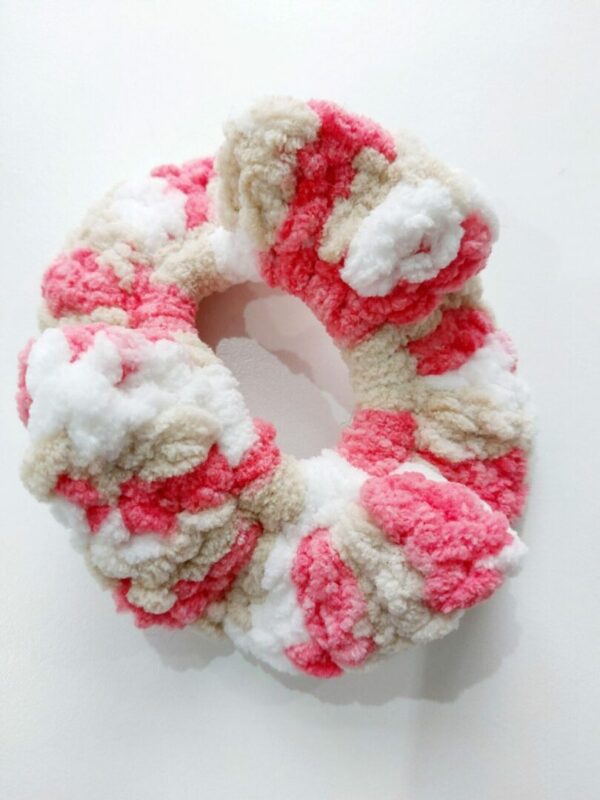 Soft coral chenille hair scrunchie.