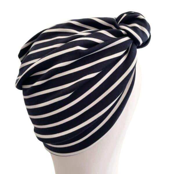 Navy Striped Top Knot Turban Hat for Women