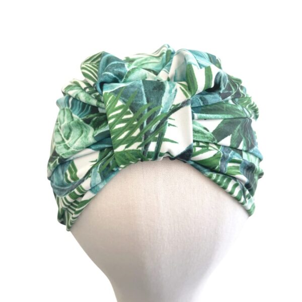 White and green leaf print SPF 50 fabric turban hat for women