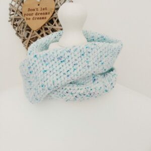Crochet cowl scarf in soft white with blue flecks.